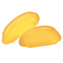 Zwei gelbe Gummibonbons in Bananenform auf weißem Hintergrund.