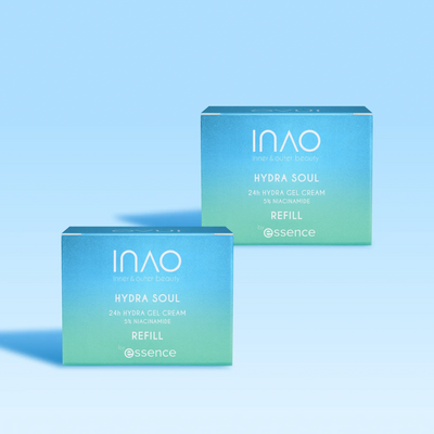 Zwei blau-grüne Farbverlaufsboxen mit INAO by essence Hydra Soul 24h Hydra Gel Cream Refill, angereichert mit Niacinamid für intensive Feuchtigkeit, stehen aufrecht auf einem hellblauen Hintergrund mit weißem Text.
