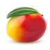 Eine reife Mango mit einem sanften Farbverlauf aus Gelb, Orange und Rot, gekrönt von einem einzelnen grünen Blatt, isoliert auf weißem Hintergrund.