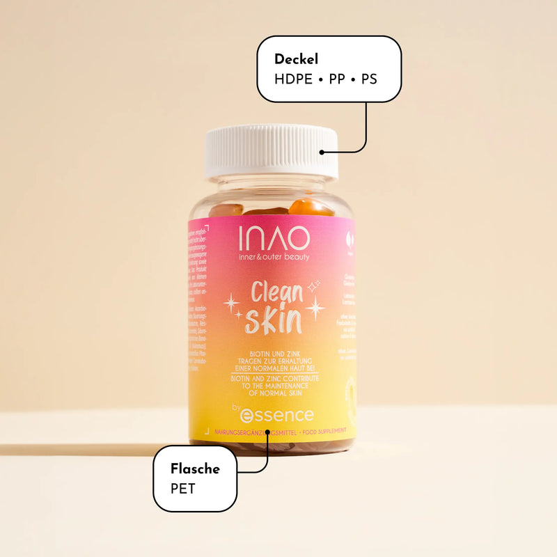 Eine Plastikflasche mit INA Clean Skin-Nahrungsergänzungsmitteln mit einem rosa-gelben Farbverlaufsetikett. Hinweise weisen darauf hin, dass der Verschluss aus HDPE, PP oder PS und die Flasche aus PET besteht.