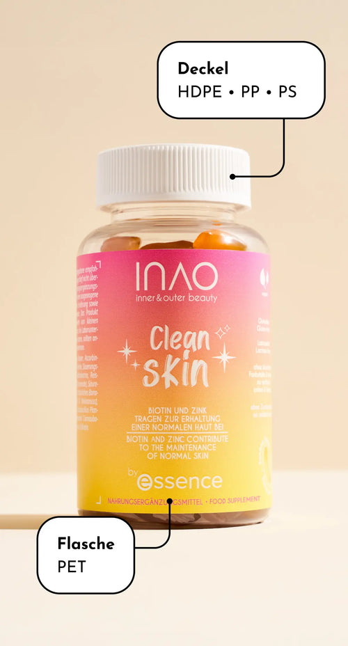 Eine Plastikflasche mit der Aufschrift „IMAO Clean Skin“ und orangefarbenen Kapseln im Inneren. Der Text verweist auf den Deckel, der aus HDPE, PP und PS besteht, und auf die Flasche, die aus PET besteht. Das Etikett ist in Rosa, Gelb und Orange gehalten.