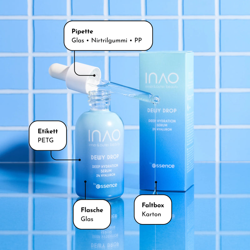 Eine blaue Flasche INAO Dewy Drop Serum mit Pipette, blauer Verpackungsbox und beschrifteten Materialien: Glasflasche, Pipette aus Glas/Nitrilkautschuk/PP, PETG-Etikett und Karton. Der Hintergrund besteht aus blauen Fliesen.