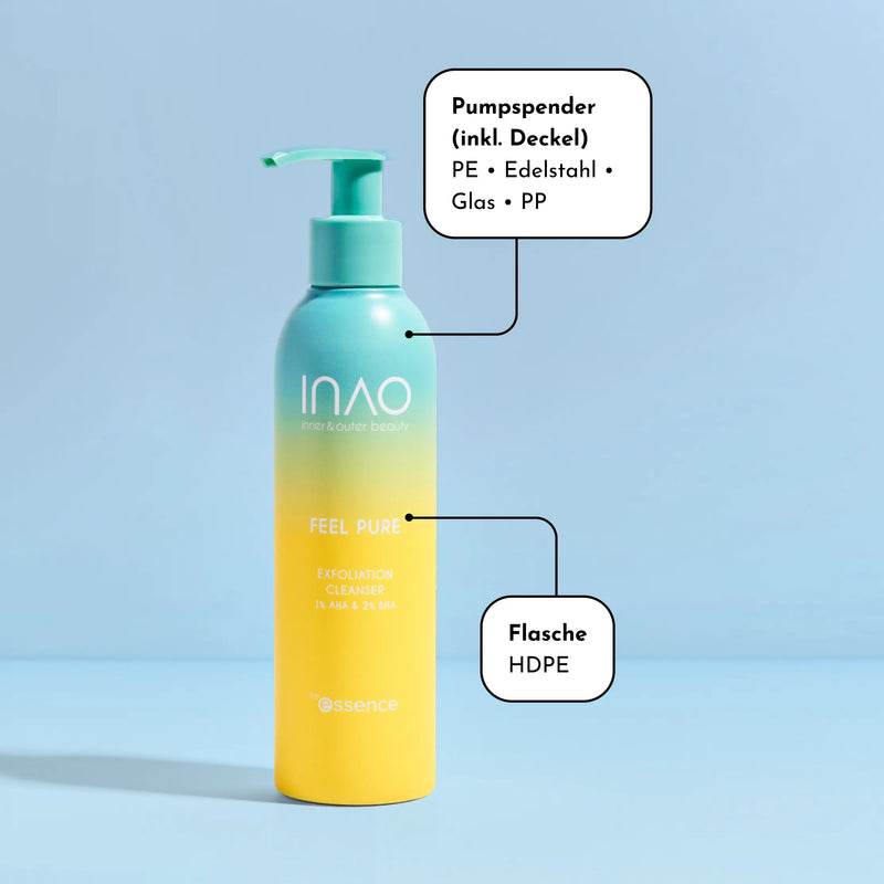 Eine blau-gelbe Flasche INAO Feel Pure Exfoliation Cleanser mit beschrifteten Teilen: der Pumpspender aus PE, Edelstahl, Glas und PP und die Flasche aus HDPE. Der Hintergrund ist hellblau.
