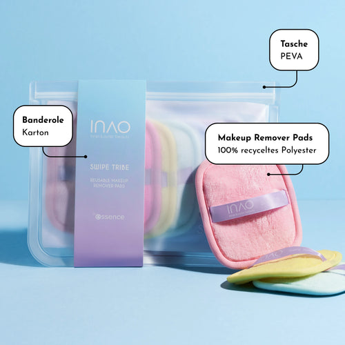 Ein transparenter PEVA-Beutel mit der Aufschrift „INAO“ enthält wiederverwendbare Make-up-Entferner-Pads in Pastellfarben. Ein rosafarbenes und zwei gelbe Pads sind auf der Vorderseite abgebildet. Ein Text weist auf den Beutel, die Pads und das Band hin, die ihre Materialien kennzeichnen.