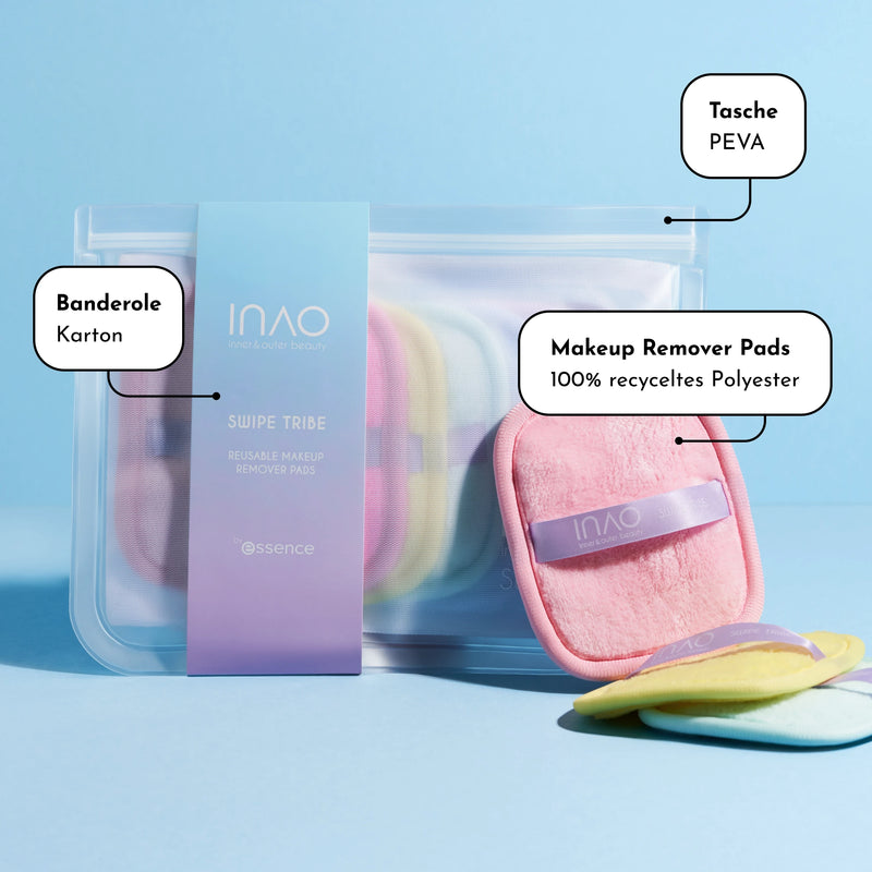 Ein transparenter PEVA-Beutel mit der Aufschrift „INAO“ enthält wiederverwendbare Make-up-Entferner-Pads in Pastellfarben. Ein rosafarbenes und zwei gelbe Pads sind auf der Vorderseite abgebildet. Ein Text weist auf den Beutel, die Pads und das Band hin, die ihre Materialien kennzeichnen.