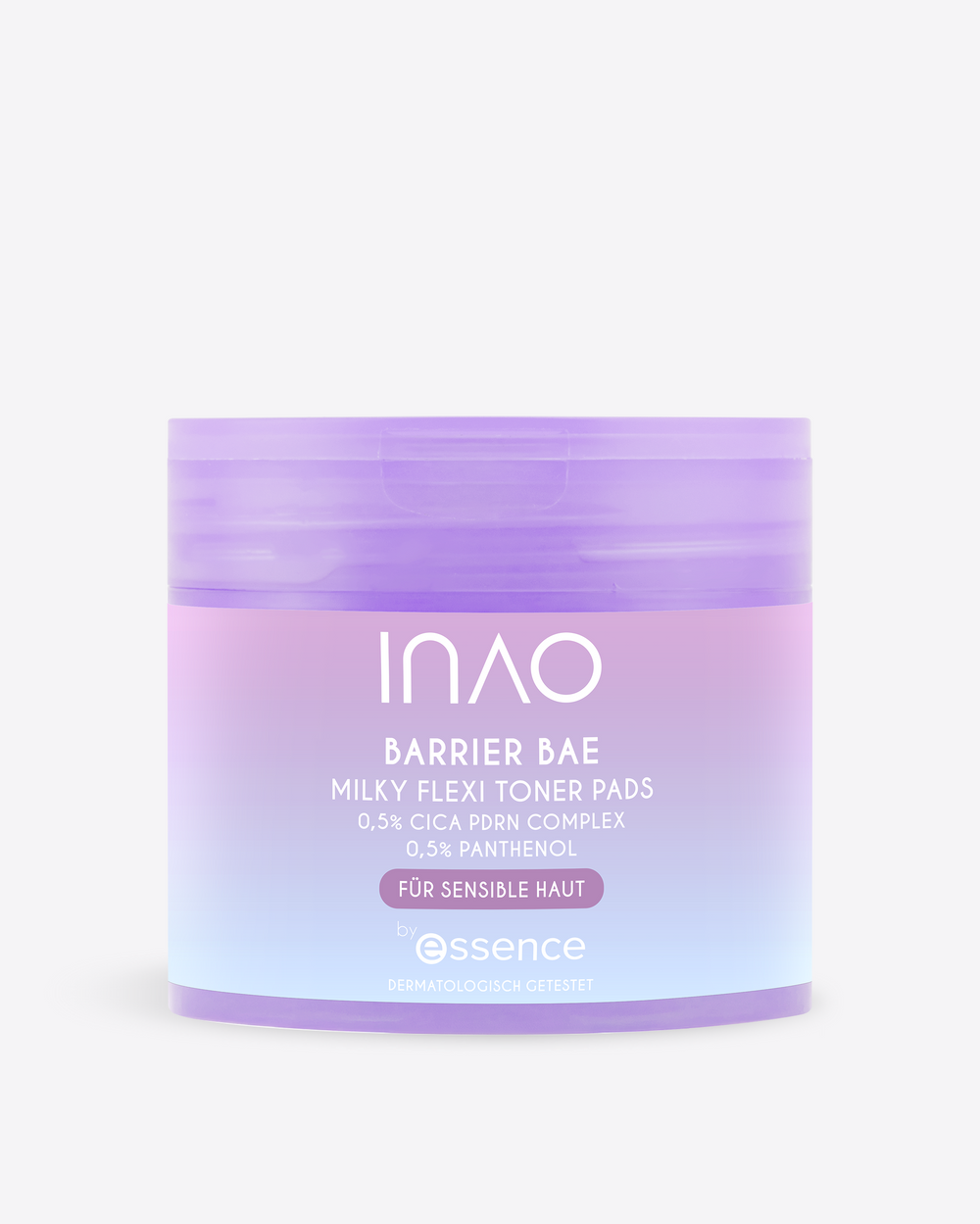 Dose der INAO Barrier Bae Milky Flexi Toner Pads im Lila-Rosa-Verlauf vor hellgrauem Hintergrund.