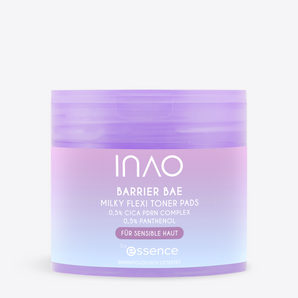 Dose der INAO Barrier Bae Milky Flexi Toner Pads im Lila-Rosa-Verlauf vor hellgrauem Hintergrund.