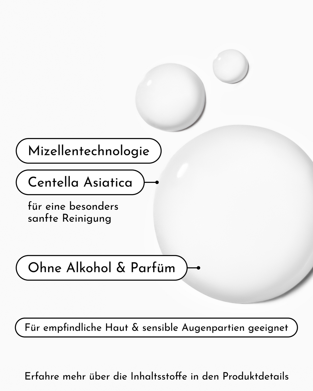 Klare Öltropfen mit den Angaben Mizellentechnologie, Centella Asiatica für eine besonders sanfte Reinigung, ohne Alkohol & Parfüm, geeignet für empfindliche Haut und sensible Augenpartien.