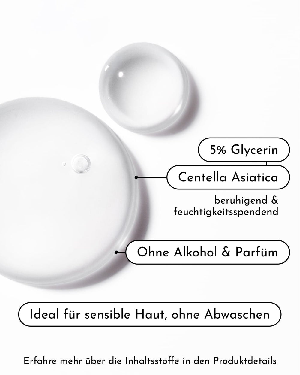 Zwei klare Serumtropfen auf weißem Hintergrund mit deutschem Text, der die Inhaltsstoffe hervorhebt: 5 % Glycerin, Centella Asiatica – „Clean Crush Mizellenwasser“ in Reisegröße von INAO, ein alkohol- und parfümfreier Make-up-Entferner, ideal für empfindliche Haut und ohne Abspülen anwendbar.