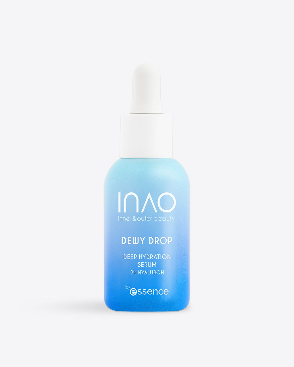 Eine blaue Tropfflasche mit Farbverlauf und der Aufschrift „Dewy Drop Deep Hydration Serum“ von INAO by essence steht aufrecht vor einem hellen Hintergrund und rückt dieses feuchtigkeitsspendende Serum in den Vordergrund – ideal für die tägliche Hautpflege.