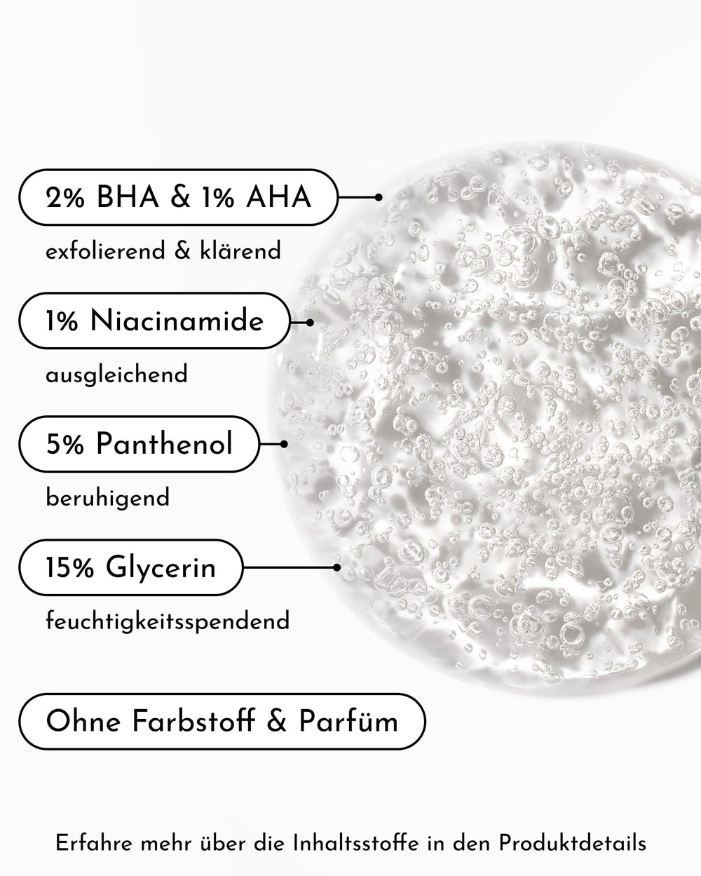 Ein transparenter Gel-Gesichtsreiniger mit sichtbaren Bläschen und Angaben zu den Hautpflegewirkstoffen: 2 % BHA & 1 % AHA, 1 % Niacinamid, 5 % Panthenol, 15 % Glycerin sowie der Hinweis „ohne Farbstoffe und Parfüm“. Der Text auf Deutsch betont die milde tägliche Reinigung. Abgebildet ist der INAO Feel Pure Exfoliation Cleanser in Reisegröße.