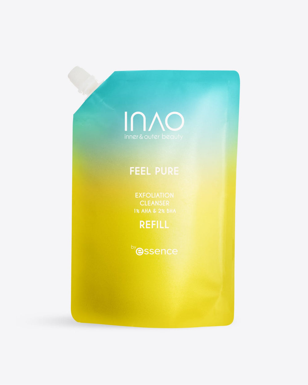 Ein Nachfüllbeutel mit blau-gelbem Farbverlauf und der Aufschrift „INAO by essence Feel Pure AHA & BHA Exfoliation Cleanser Refill“, mit einem weißen Schraubverschluss in der linken oberen Ecke, zur täglichen Reinigung.