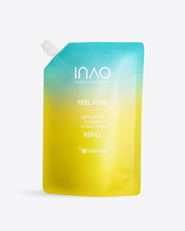 Ein Nachfüllbeutel mit blau-gelbem Farbverlauf und der Aufschrift „INAO by essence Feel Pure AHA & BHA Exfoliation Cleanser Refill“, mit einem weißen Schraubverschluss in der linken oberen Ecke, zur täglichen Reinigung.