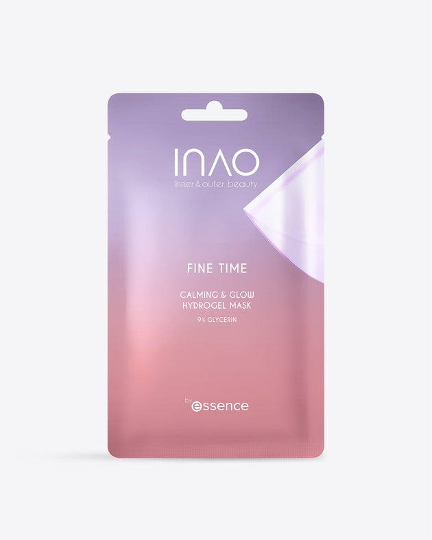 Eine in Rosa- und Violetttönen gehaltene Verpackung mit der Aufschrift „INAO“ enthält die „Fine Time Calming & Glow Hydrogel-Maske“ mit 9 % Glycerin, die vor einem weißen Hintergrund abgebildet ist.