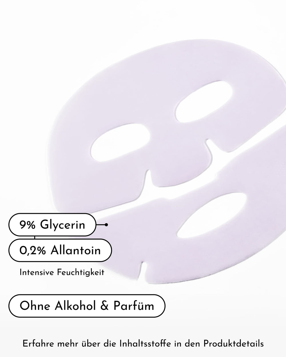 Die INAO Fine Time Calming & Glow Hydrogel-Maske wird als weiße Tuchmaske dargestellt, auf der der Gehalt von 9 % Glycerin und 0,2 % Allantoin hervorgehoben und darauf hingewiesen wird, dass sie frei von Alkohol und Duftstoffen ist. Diese Maske eignet sich ideal für die Feuchtigkeitspflege und sorgt für strahlende Haut. Weitere Informationen zu den Inhaltsstoffen finden Sie am unteren Rand des Bildes.