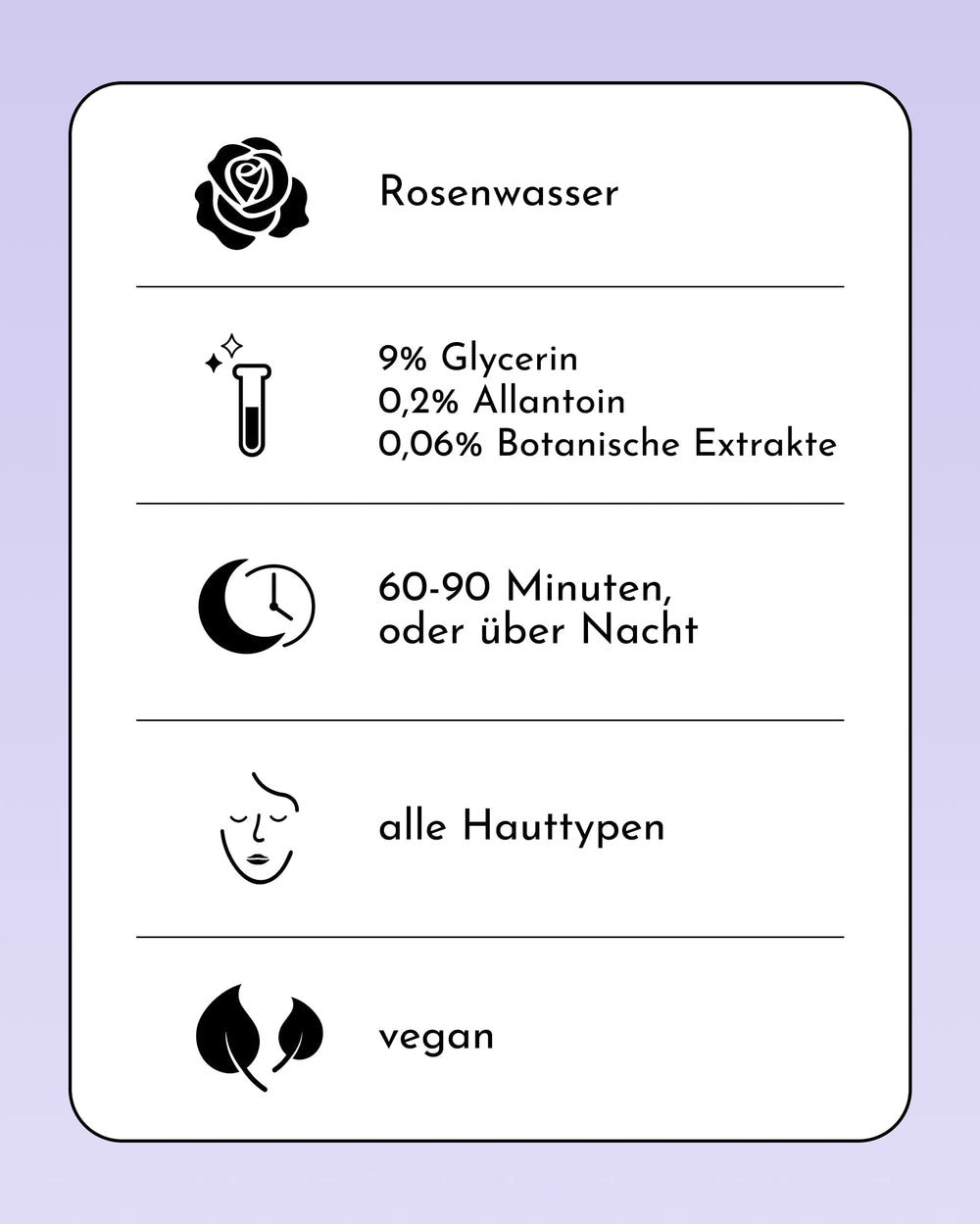 Produktinformationskarte auf Deutsch für die „Fine Time Calming & Glow Hydrogel Mask“ von INAO: Diese Hydrogel-Maske kombiniert hochwertige Inhaltsstoffe wie Glycerin, Allantoin und Pflanzenextrakte, um der Haut eine intensive Feuchtigkeitspflege zu bieten. Die Anwendung ist ganz einfach: 60–90 Minuten oder über Nacht einwirken lassen. Für alle Hauttypen geeignet – die ideale vegane Pflege für strahlende und beruhigte Haut.