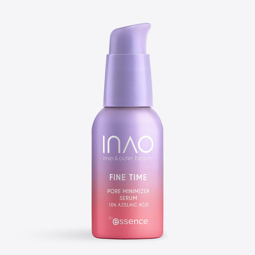 Eine Flasche des „INAO by essence Fine Time Pore Minimizer Serum“ mit 10 % Azelainsäure in einem rosa-lila Farbverlauf, mit Pumpspender und einem eleganten, modernen Design – perfekt für unreine Haut.