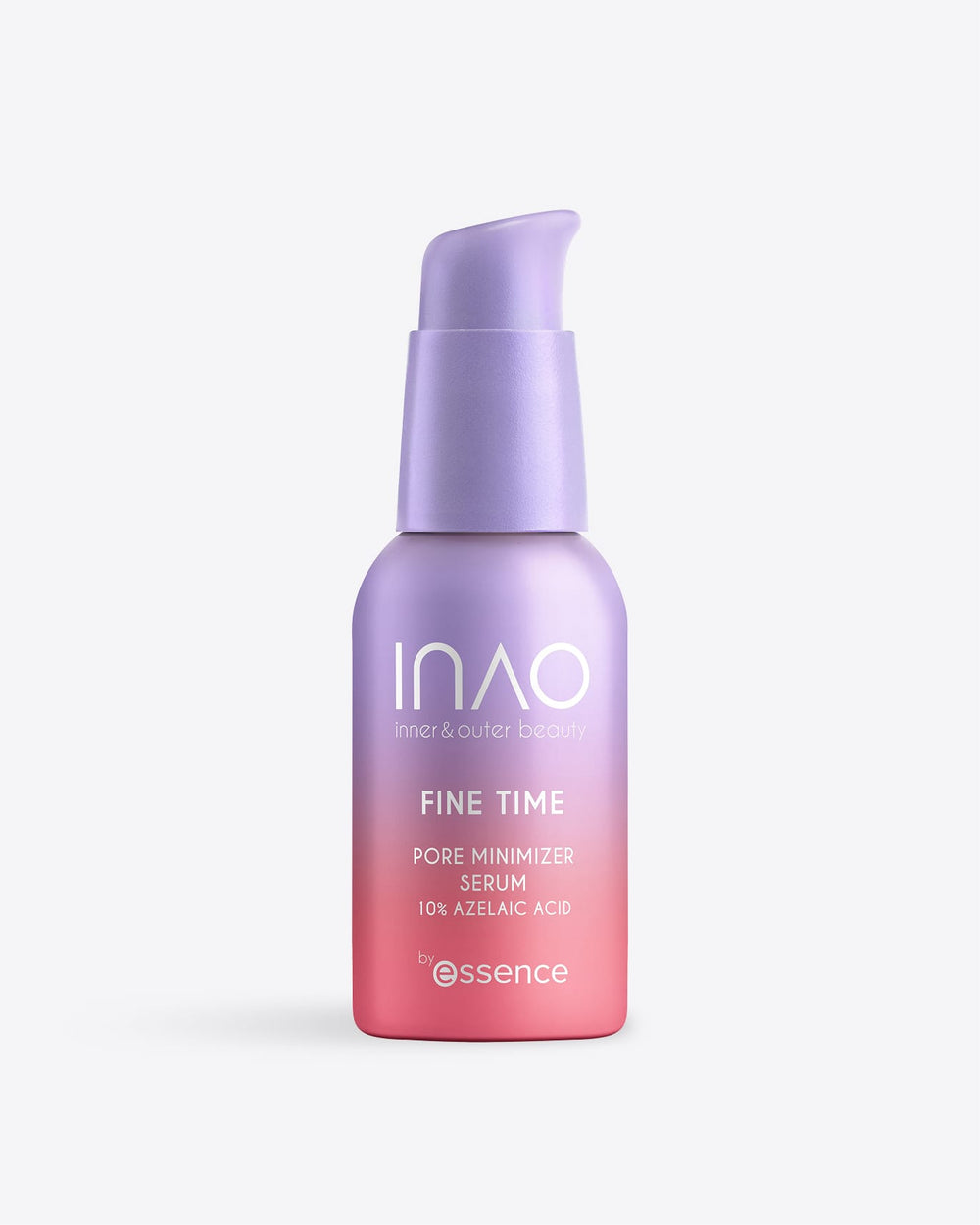 Eine Flasche des „INAO by essence Fine Time Pore Minimizer Serum“ mit 10 % Azelainsäure in einem rosa-lila Farbverlauf, mit Pumpspender und einem eleganten, modernen Design – perfekt für unreine Haut.