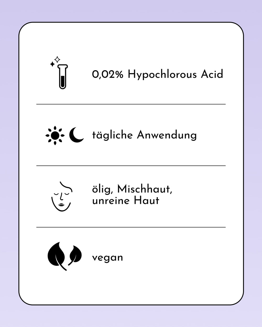 Auf einer Informationskarte sind Symbole und deutscher Text abgebildet: „Fine Time Daily Hypo Spray“ von INAO by essence – Gesichtsspray mit 0,02 % hypochloriger Säure, beruhigt die Haut, zur täglichen Anwendung bei fettiger, unreiner oder Mischhaut, vegan.