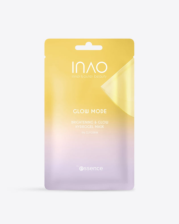 Auf weißem Hintergrund ist ein Beutel mit einem Farbverlauf in Gelb und Lavendel zu sehen, der die Aufschrift „INAO Glow Mode Brightening & Glow Hydrogel Mask“ trägt und an einer Ecke teilweise abgezogen ist.