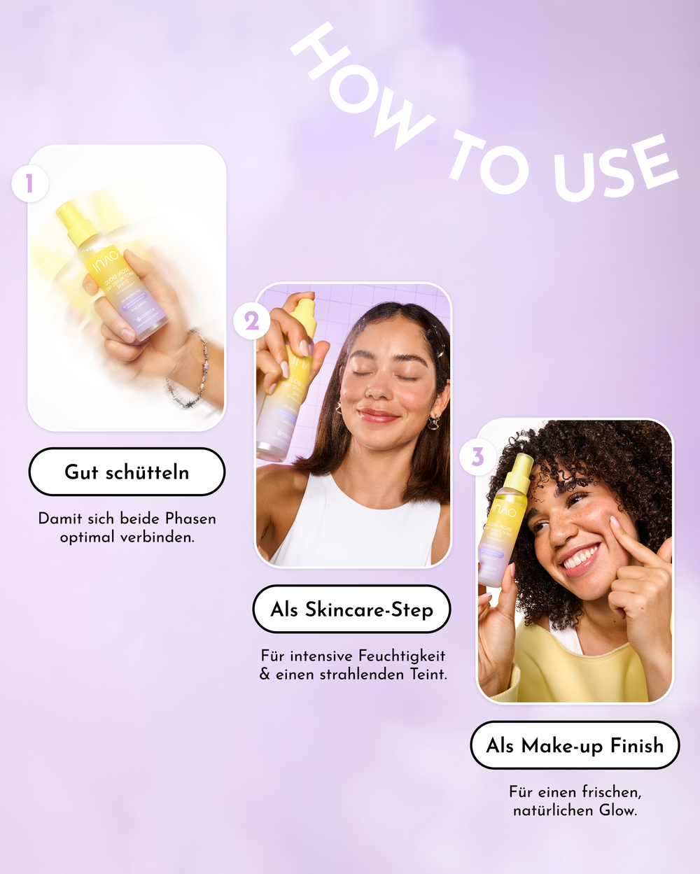 „How to use“-Collage in drei Schritten: gut schütteln, als Skincare-Step anwenden und als Make-up-Finish aufsprühen.