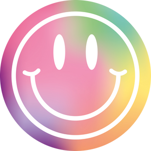 Das Mein Sparset von INAO by essence zeigt ein weißes Smiley-Gesicht auf einem kreisförmigen Hintergrund mit einem sanften, pastellfarbenen Regenbogenfarbverlauf in Pink, Grün, Gelb und Lila.