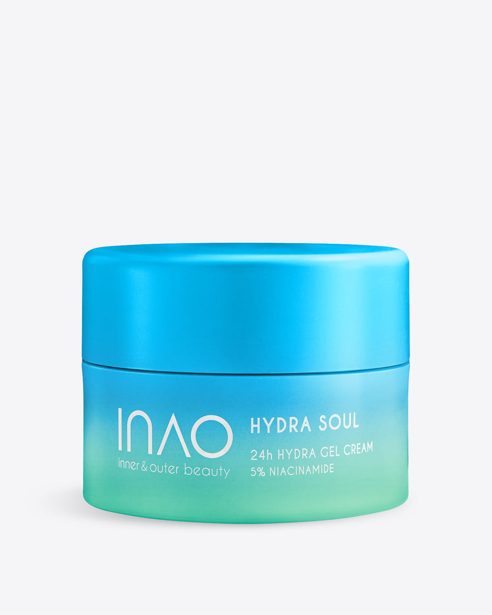 Auf weißem Hintergrund steht ein blau-grüner Tiegel mit der „INAO by essence Hydra Soul 24h Hydro Gel Cream“ mit 5 % Niacinamid. Die Feuchtigkeitscreme besticht durch minimalistische weiße Schriftzüge und eine glatte, matte Oberfläche.