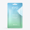 Auf weißem Hintergrund ist ein blau-grünes Säckchen mit der Aufschrift „INAO Hydra Soul Hydrating & Glow Hydrogel Mask“ abgebildet.