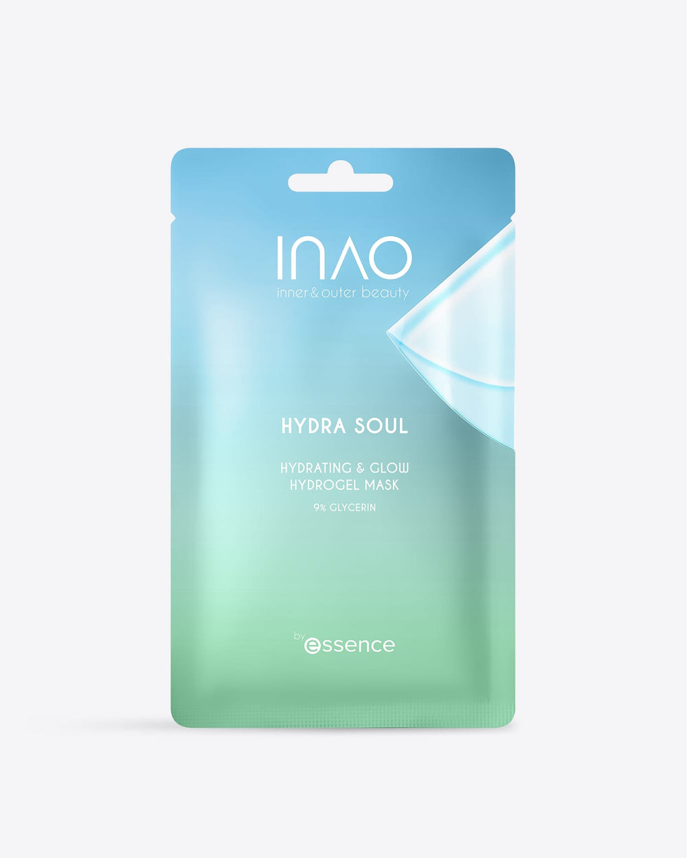 Auf weißem Hintergrund ist ein blau-grünes Säckchen mit der Aufschrift „INAO Hydra Soul Hydrating & Glow Hydrogel Mask“ abgebildet.