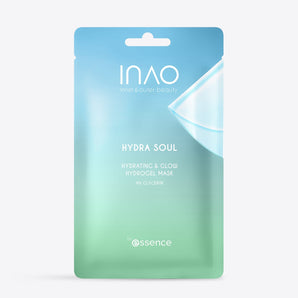 Auf weißem Hintergrund ist ein blau-grünes Säckchen mit der Aufschrift „INAO Hydra Soul Hydrating & Glow Hydrogel Mask“ abgebildet.