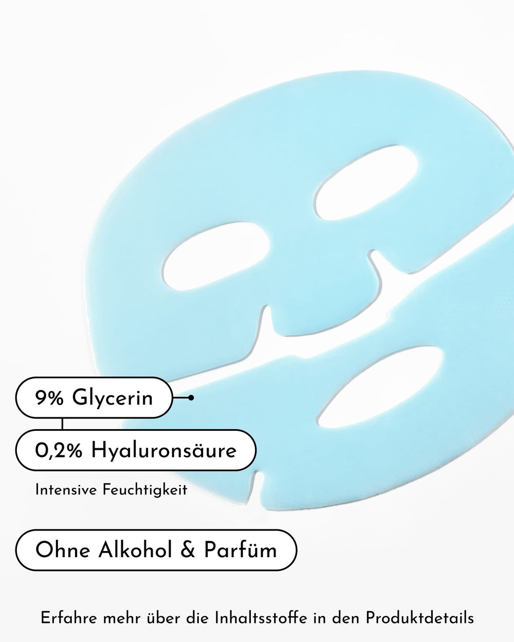 Ein Bild der „INAO Hydra Soul Hydrating & Glow Hydrogel-Maske“ in Blau zeigt einen Text, in dem 9 % Glycerin und 0,2 % Hyaluronsäure hervorgehoben werden, sowie den Hinweis, dass das Produkt frei von Alkohol und Duftstoffen ist, wodurch die intensive Feuchtigkeitsversorgung betont wird.