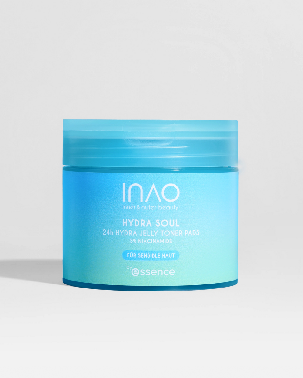 Ein blauer und türkisfarbener Tiegel der INAO by essence Hydra Soul 24h Hydra Jelly Toner Pads ist vor einem hellgrauen Hintergrund abgebildet, der die Feuchtigkeitspflege betont.