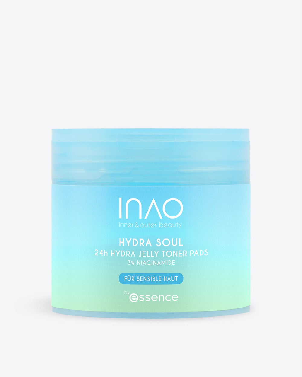 Ein blau-grün gefärbter Behälter mit der Aufschrift „Hydra Soul 24h Hydra Jelly Toner Pads“ von INAO by essence für empfindliche Haut sorgt für intensive Feuchtigkeitsversorgung. Das Produkt ist vor einem schlichten weißen Hintergrund abgebildet.