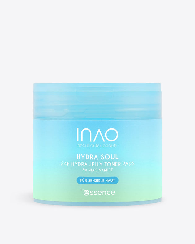 Ein blau-grün gefärbter Behälter mit der Aufschrift „Hydra Soul 24h Hydra Jelly Toner Pads“ von INAO by essence für empfindliche Haut sorgt für intensive Feuchtigkeitsversorgung. Das Produkt ist vor einem schlichten weißen Hintergrund abgebildet.