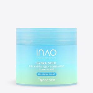 Ein blau-grün gefärbter Behälter mit der Aufschrift „Hydra Soul 24h Hydra Jelly Toner Pads“ von INAO by essence für empfindliche Haut sorgt für intensive Feuchtigkeitsversorgung. Das Produkt ist vor einem schlichten weißen Hintergrund abgebildet.