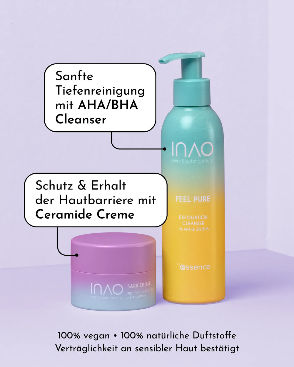 Auf violettem Untergrund: INAO by essence Clean & Strong Sparset mit einer Ceramid-Creme für die Nachtpflege und trockene Haut sowie einem AHA & BHA-Peeling-Reiniger für eine sanfte Reinigung und Barriereunterstützung.