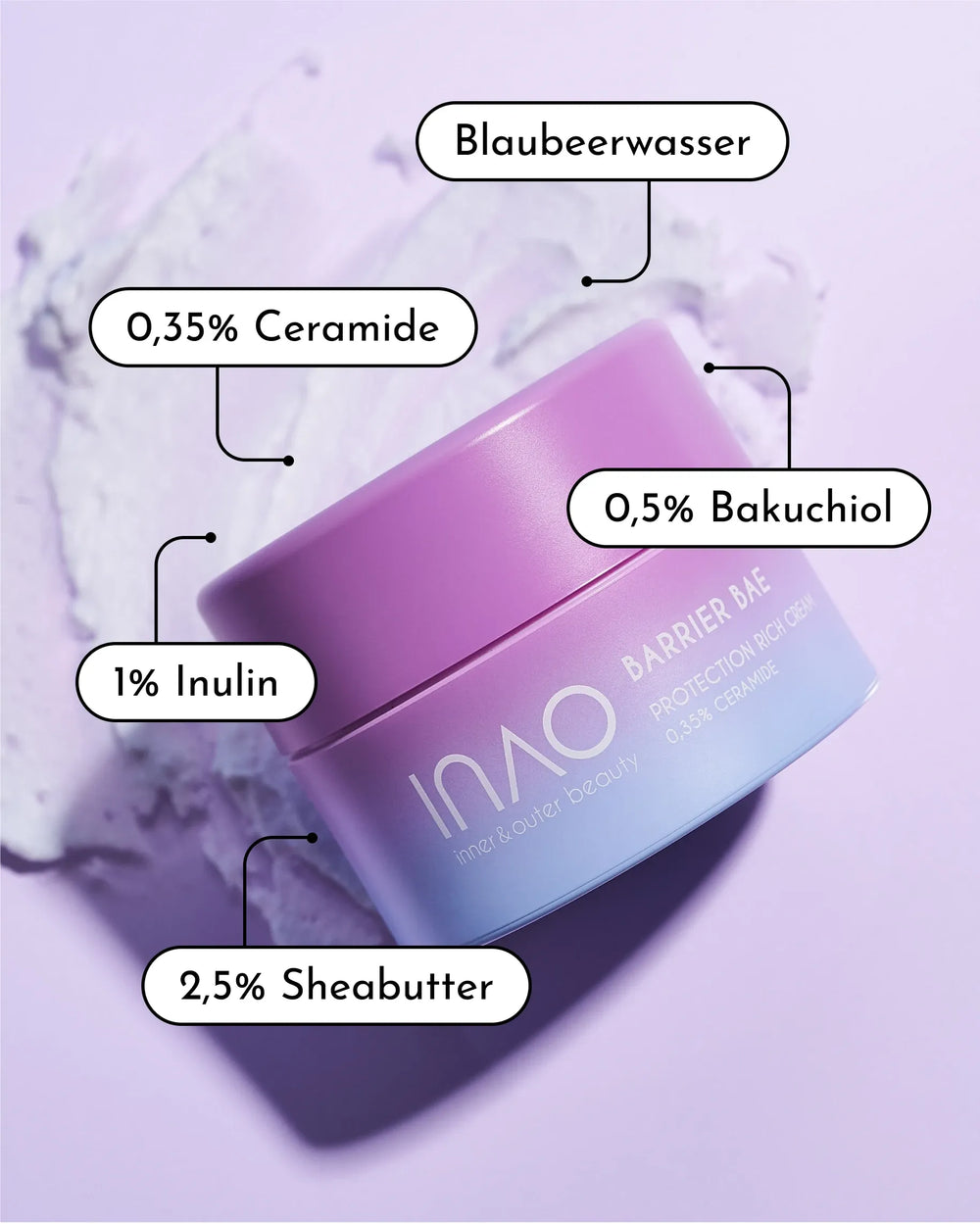 Ein lila-blaues Gefäß mit der Aufschrift „INAO by essence Clean & Strong Sparset“ steht auf einem cremigen Aufstrich und hebt die Inhaltsstoffe für trockene Haut hervor: 0,35 % Ceramid, 0,5 % Bakuchiol, 1 % Inulin, 2,5 % Sheabutter und Blaubeerwasser – ideal für die Nachtpflege!.