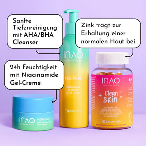Drei INAO-Produkte vor lila Hintergrund: Hydra Soul Gel-Creme mit 24h Feuchtigkeit und Niacinamide, Feel Pure Cleanser mit AHA/BHA für sanfte Tiefenreinigung, und Clean Skin Gummies mit Zink zur Erhaltung normaler Haut. Unten steht: 100 % vegan, natürliche Duftstoffe, dermatologisch getestet.