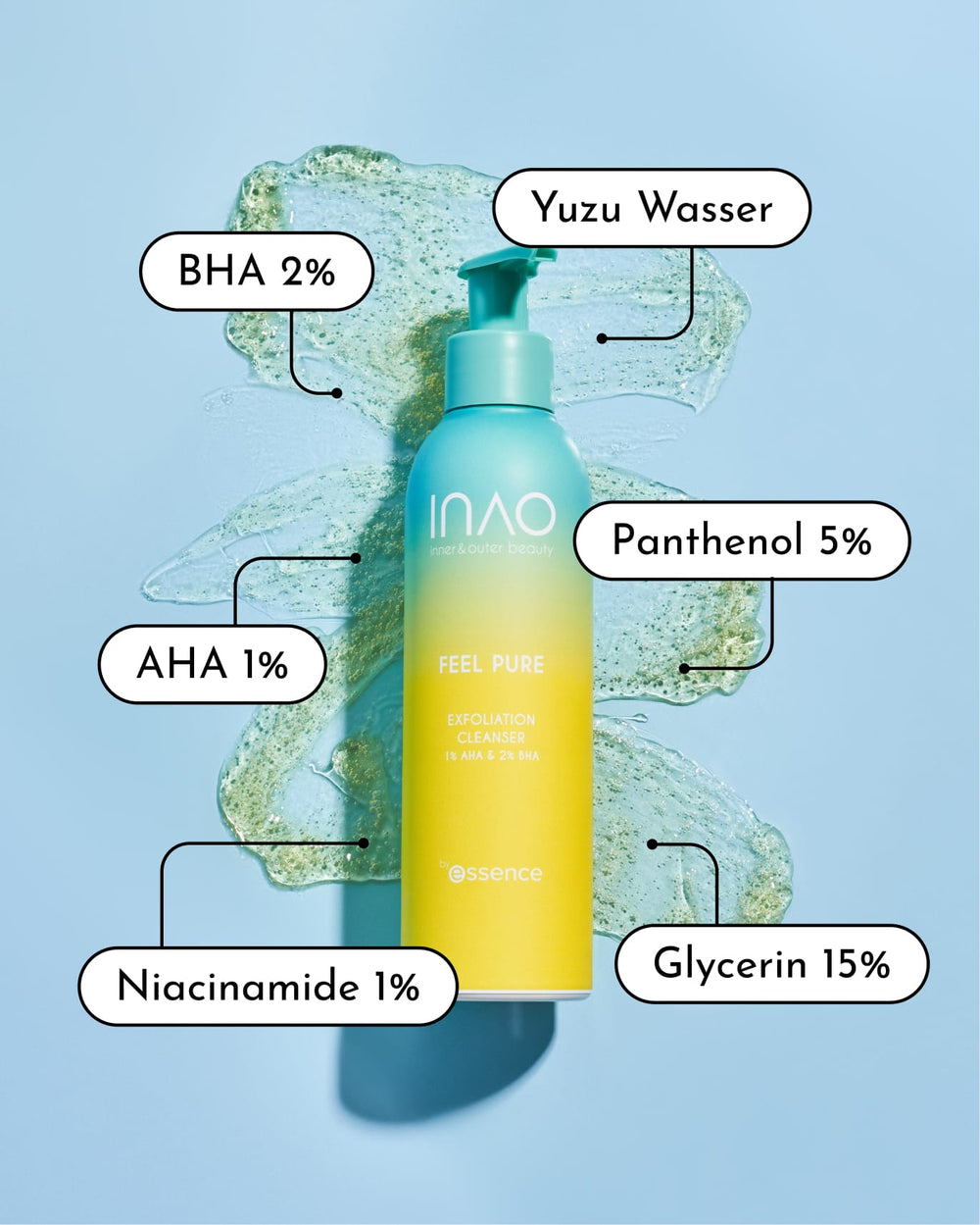 Ein blau-gelber Flakon mit der Aufschrift "Refill Lover" von INAO by essence ruht auf einem strukturierten Hintergrund mit schwebenden Inhaltsstoffen und nachhaltigen Nachfülloptionen - perfekt für Sparset-Fans, die sich umweltfreundliche Hautpflege wünschen.