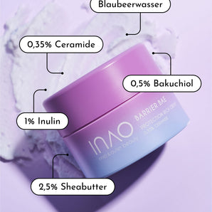 Ein lilafarbener und blauer Tiegel mit der Aufschrift "Refill Lover" von INAO by essence steht auf einem lilafarbenen Hintergrund mit Creme dahinter. Hervorgehobene Inhaltsstoffe sind Blaubeerwasser und Bakuchiol. Entdecke nachhaltige Refill-Optionen mit dem Skincare Refill-Set!.