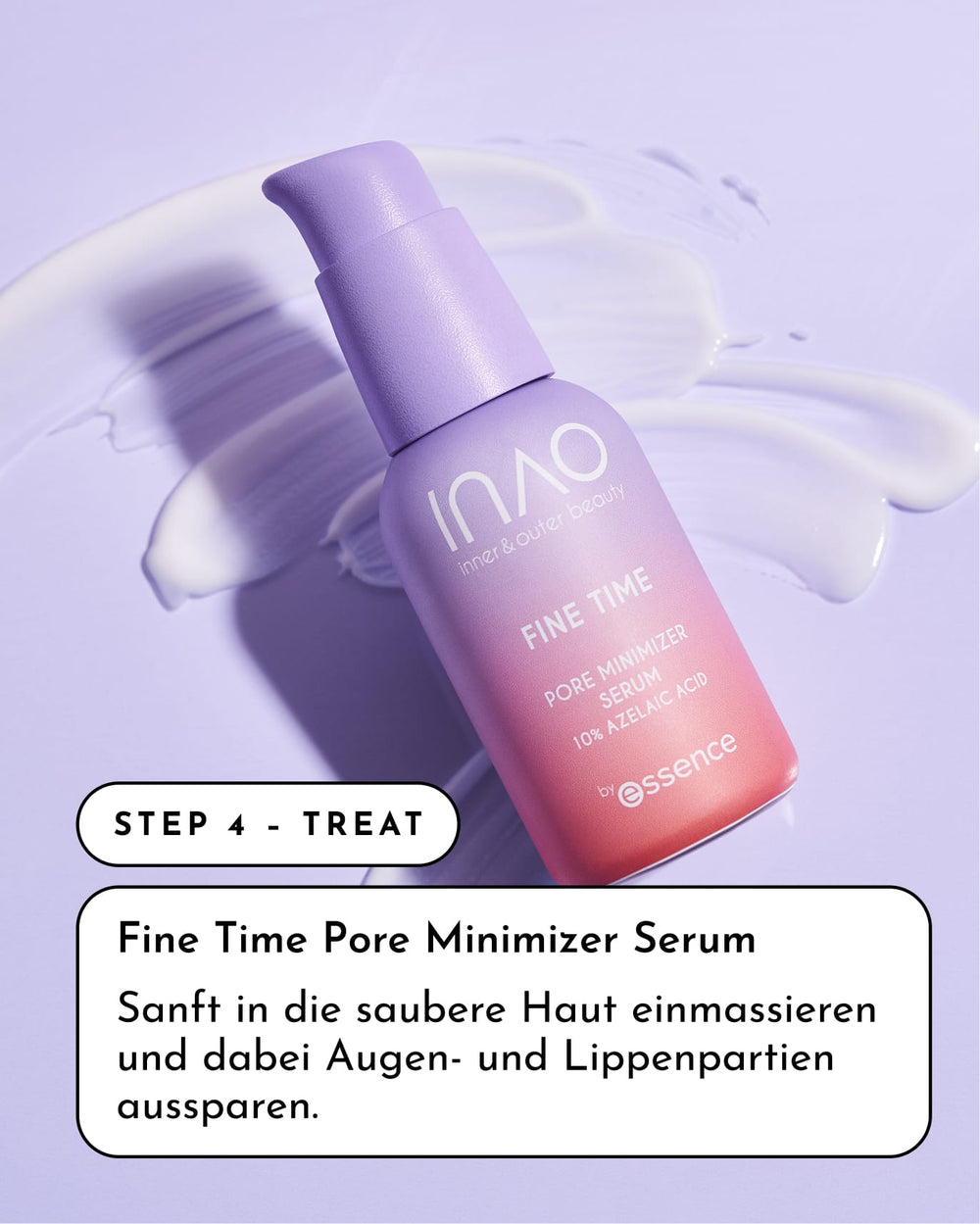 Eine lila-rosa Flasche INAO by essence Anti-Unreinheiten Sparset liegt auf einer hellen Fläche mit Serum im Hintergrund. Der Text hebt Schritt 4 für makellose Haut nach der Exfoliation Cleanser hervor, in Englisch und Deutsch.