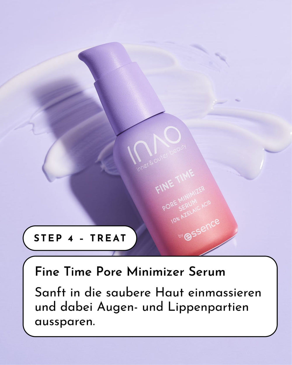Ein violetter Flakon von INAO by essence Happy Evenings Sparset ruht auf einem hellvioletten Hintergrund, darunter befindet sich ein Serum. In der deutschen Anleitung wird empfohlen, das Serum sanft nach einem Exfoliation Cleanser aufzutragen und dabei Augen und Lippen auszusparen.