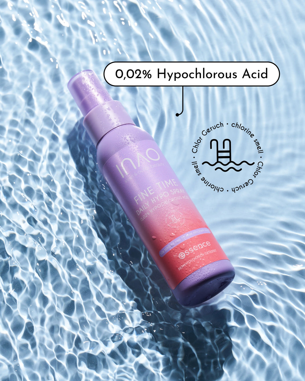 Ein Flakon von INAO by essence New Drop Sparset schwimmt auf plätscherndem Wasser, beschriftet mit "0,02% Hypochlorous Acid". Das Duftrad hebt Noten von Chlor und Chloé Geruch-perfekt für sanfte Reinigung und intensive Feuchtigkeit hervor.
