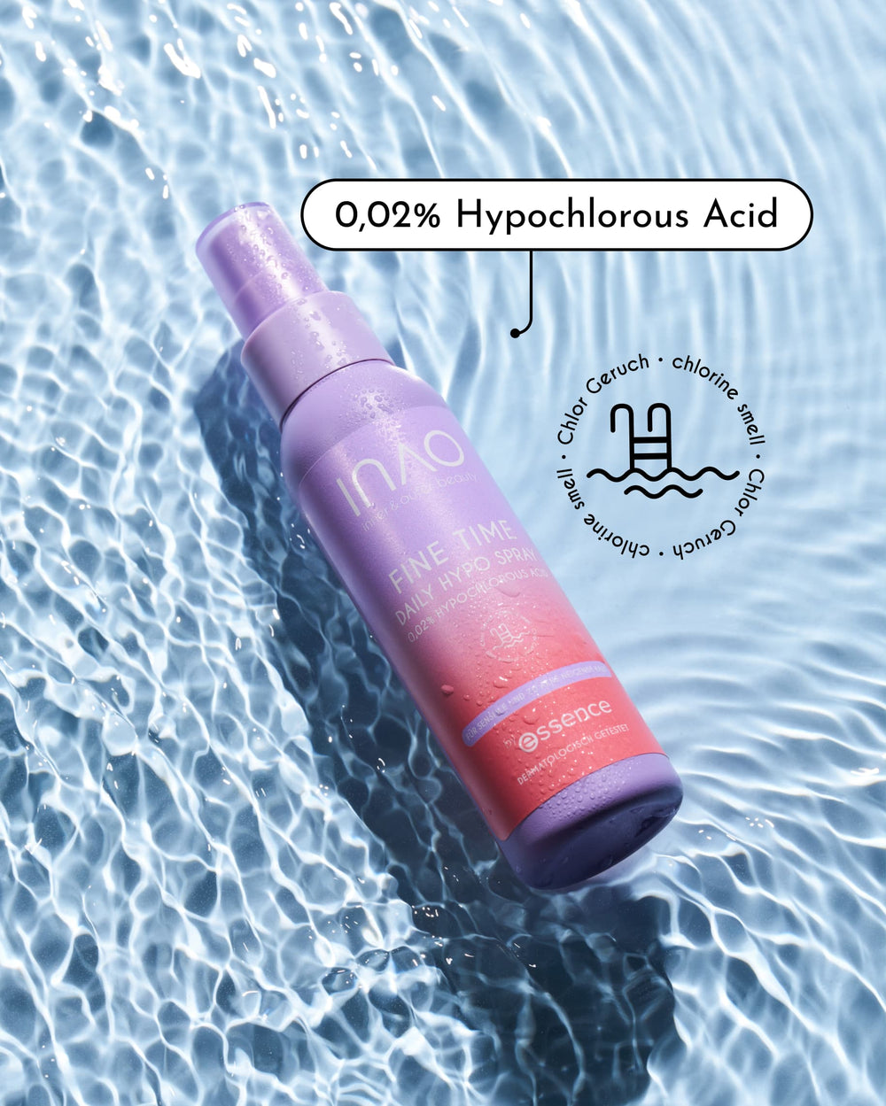 Die lila-rosa Flasche des INAO New Drop Sparset 2.0 schwimmt auf plätscherndem Wasser und sorgt für sanfte Reinigung und intensive Feuchtigkeit. Das Etikett hebt 0,02% hypochlorige Säure hervor, mit einer Grafik, die einen Chlorduft ankündigt.