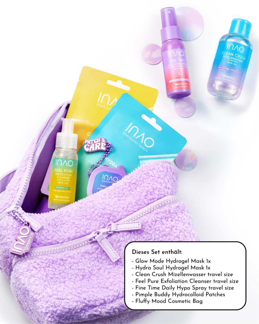 Eine pastellviolette Kosmetiktasche enthält die wichtigsten Hautpflegeprodukte aus dem Set „INAO Skincare Must-Haves“ von essence – Gesichtsmasken, Reinigungsmittel, Spray und Pickelpflaster in farbenfrohen Verpackungen. Die Flaschen und Tütchen von INAO sind teilweise im Inneren und um die Tasche herum auf weißem Hintergrund angeordnet. Entdecken Sie INAO für eine umfassende Selbstpflegeroutine.
