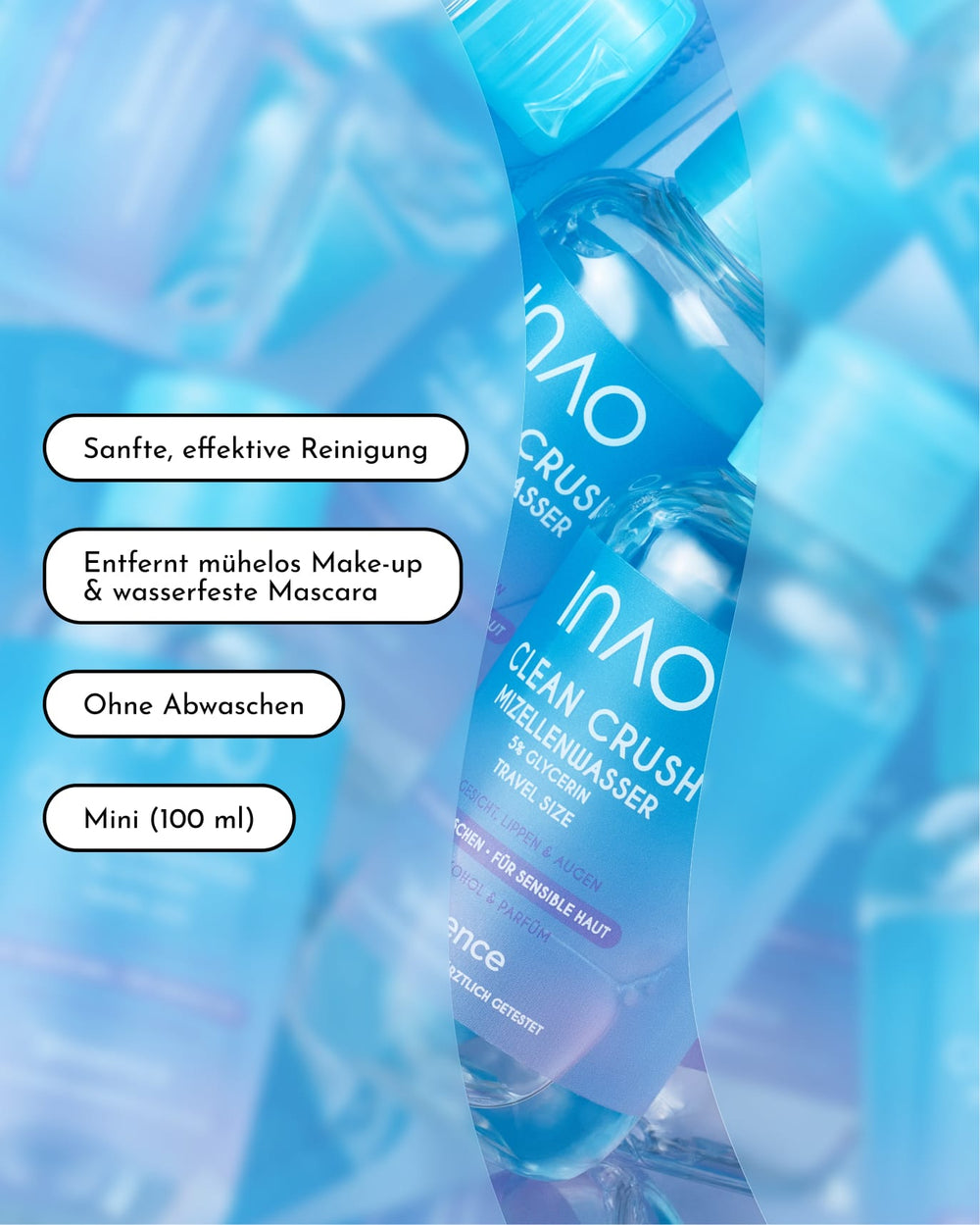 Nahaufnahme der INAO-Hautpflege-Must-haves von essence – Flaschen mit deutscher Beschriftung, die sanfte Reinigung, einfaches Abschminken, keine Abspülung und eine praktische Mini-Größe von 100 ml hervorheben. Blautöne dominieren den Hintergrund und machen diese INAO-Produkte zur perfekten Ergänzung Ihrer Hautpflege-Routine.