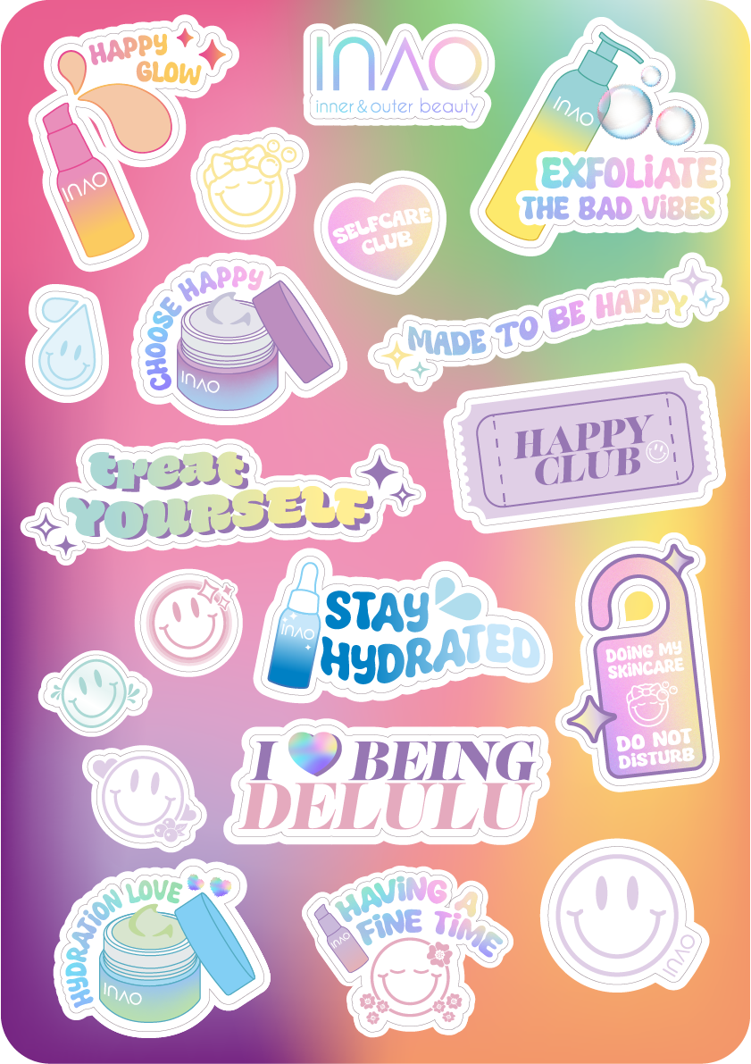 Der Gratis Stickerbogen von INAO by essence bietet fröhliche Sticker zum Thema Hautpflege auf einem Hintergrund mit Regenbogenverlauf und Sprüchen wie „Exfoliate the bad vibes“, „Stay hydrated“, „Made to be happy“ und Smiley-Symbolen.