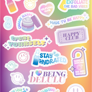 Der Gratis Stickerbogen von INAO by essence bietet fröhliche Sticker zum Thema Hautpflege auf einem Hintergrund mit Regenbogenverlauf und Sprüchen wie „Exfoliate the bad vibes“, „Stay hydrated“, „Made to be happy“ und Smiley-Symbolen.