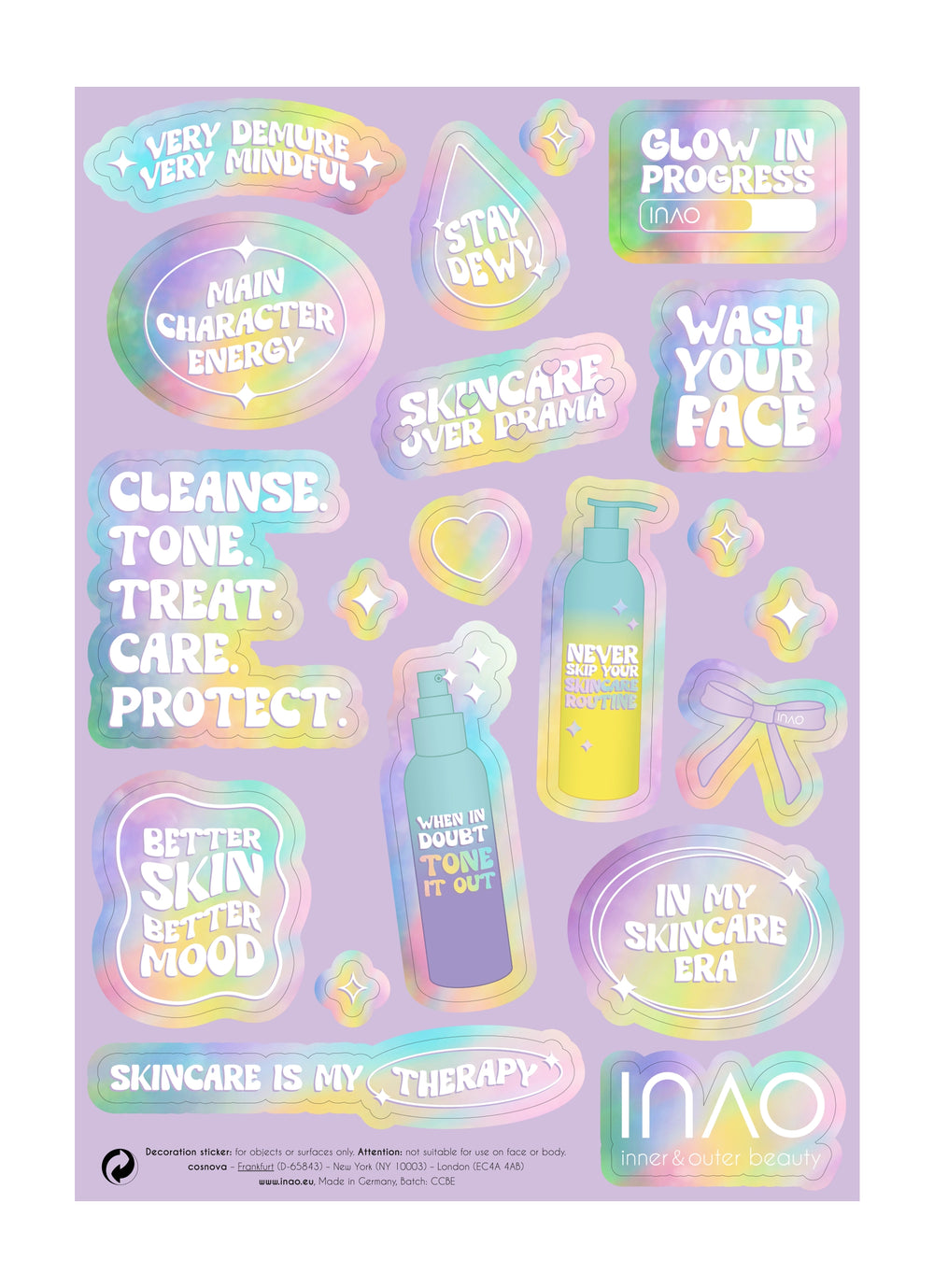 Der Gratis Stickerbogen von INAO by essence enthält farbenfrohe pastellfarbene Sticker mit Zitaten zur Selbst- und Hautpflege wie "Wash your face", "Stay dewy", "Cleanse. Tone. Behandeln. Pflegen. Protect." und "Hautpflege ist meine Therapie.