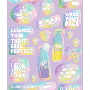 Der Gratis Stickerbogen von INAO by essence enthält farbenfrohe pastellfarbene Sticker mit Zitaten zur Selbst- und Hautpflege wie "Wash your face", "Stay dewy", "Cleanse. Tone. Behandeln. Pflegen. Protect." und "Hautpflege ist meine Therapie.